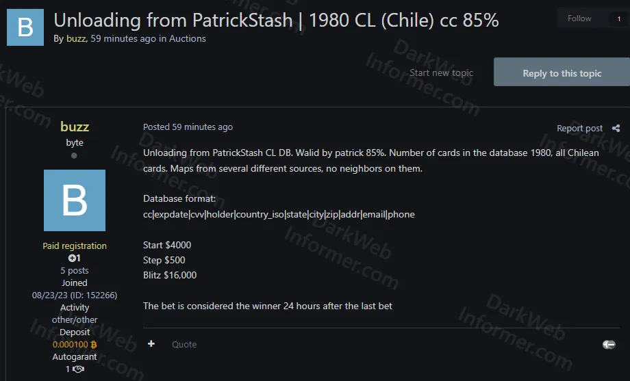 PatrickStash Database Allegedly Leaked with 1,980 Chilean Credit Cards at 85% Validity
