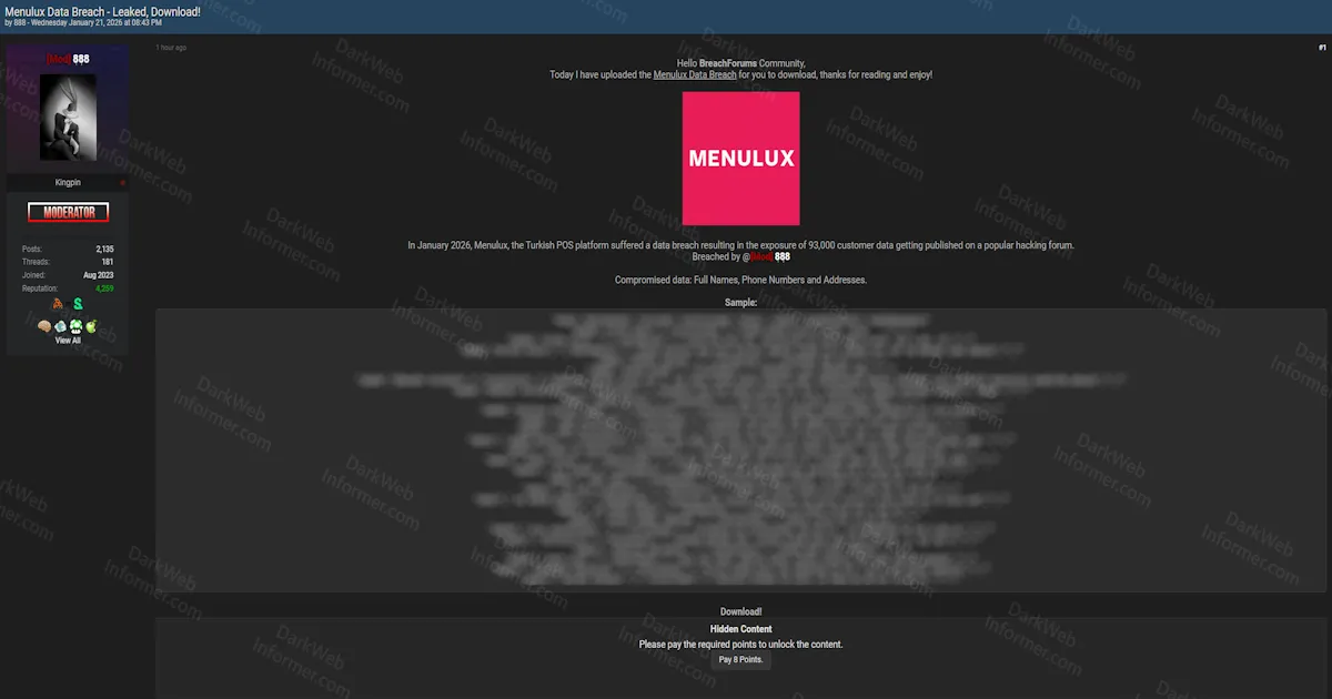 Menulux Turkish POS Platform Allegedly Breached, Exposing 93,000 Customer Records