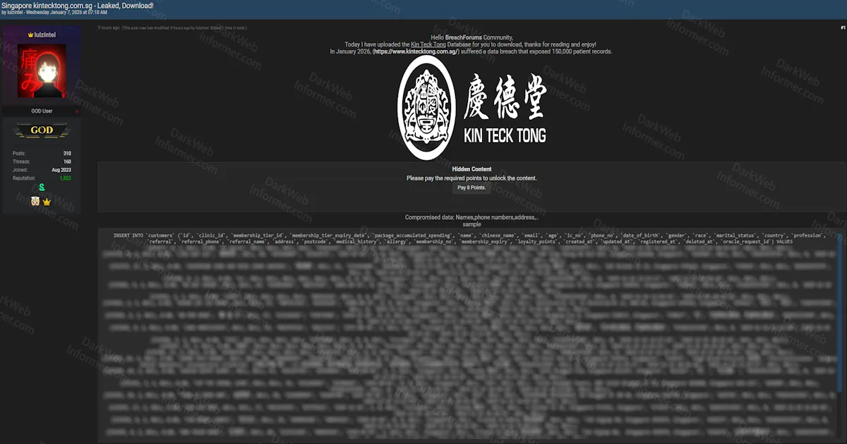 Singapore Traditional Chinese Medicine Clinic Kin Teck Tong Allegedly Suffers Data Breach Exposing 150,000 Patient Records