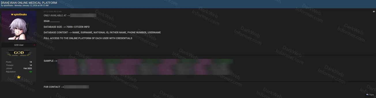 Iranian Online Medical Platform Faces Alleged Data Breach Affecting 700,000+ Citizens