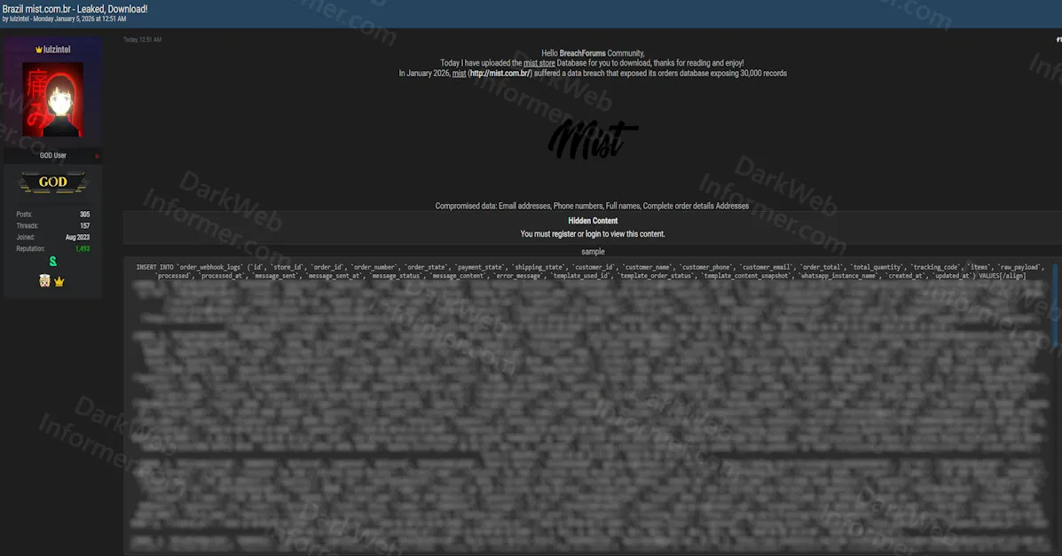 Brazilian E-Commerce Platform Mist Store Allegedly Suffers Data Breach Exposing 30,000 Orders