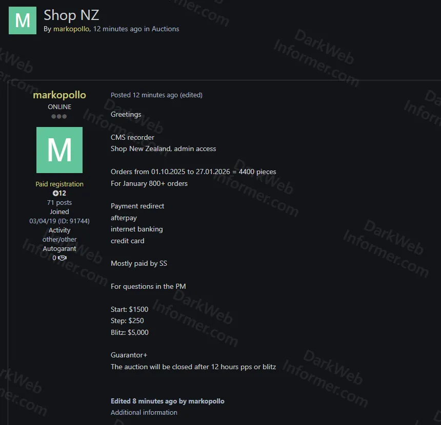 New Zealand E-commerce Store CMS Admin Access Allegedly for Sale with Active Payment Redirect