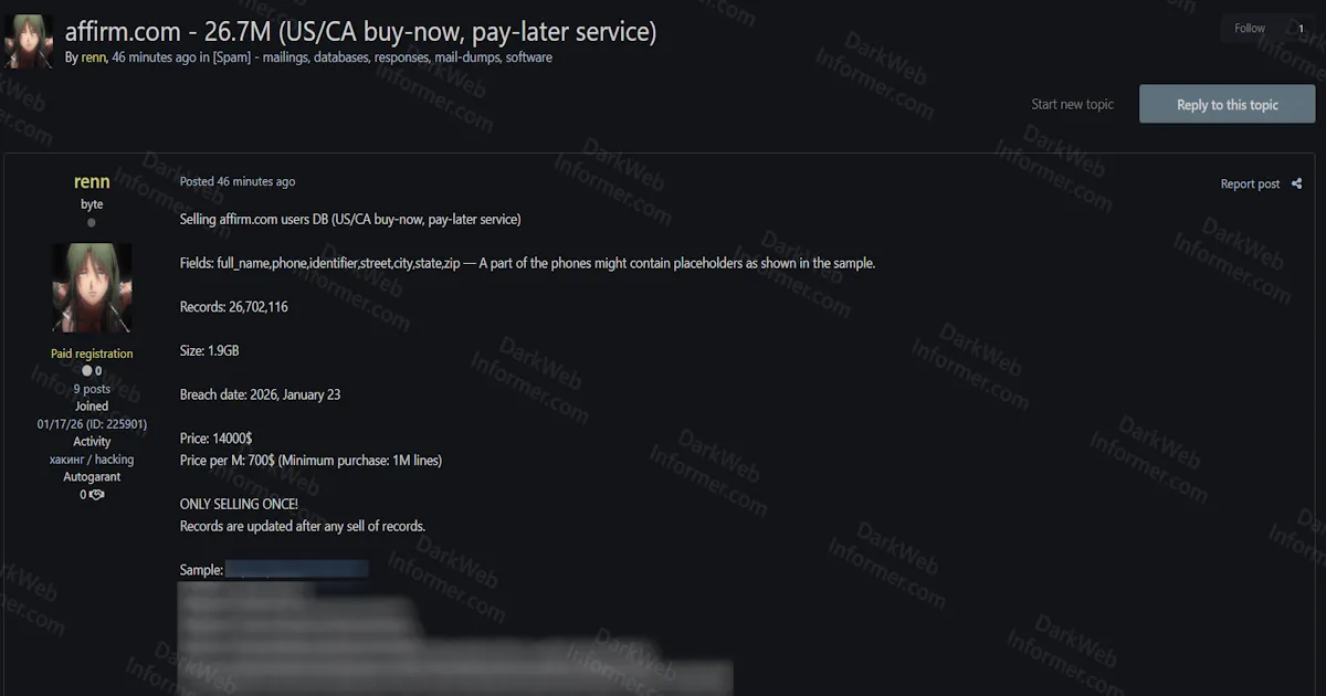 Affirm Buy Now Pay Later Service Allegedly Breached, Exposing 26.7 Million User Records