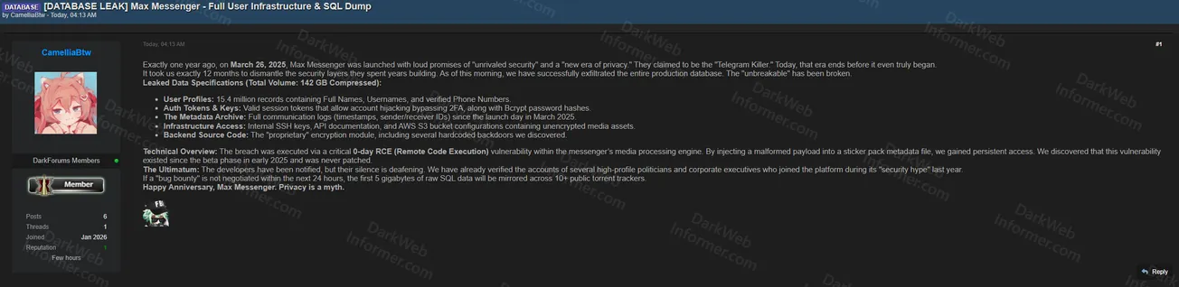 Max Messenger Suffers Alleged Complete Infrastructure Breach Exposing 154 Million Users