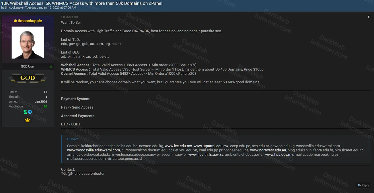 Massive Initial Access Sale: 10K Webshells, 5K WHMCS Access, and 50K+ Compromised Domains Allegedly Offered