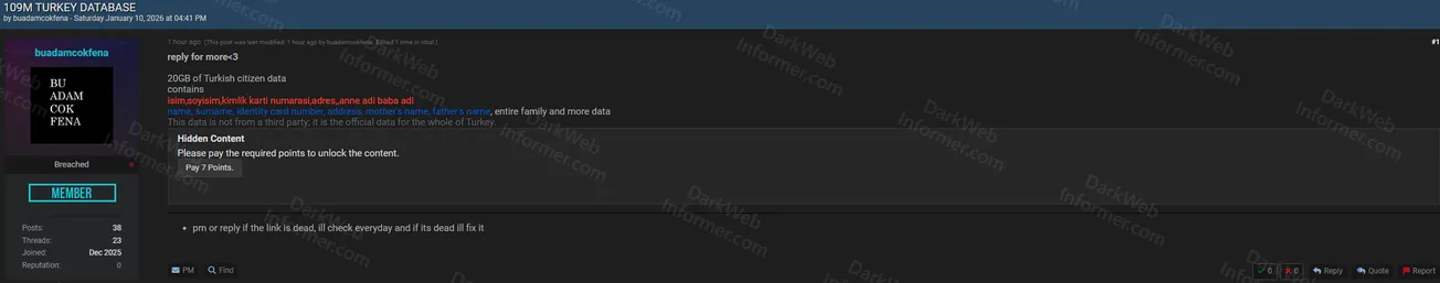 Alleged Leak of 109 Million Turkish Citizen Records Containing National Identity Data
