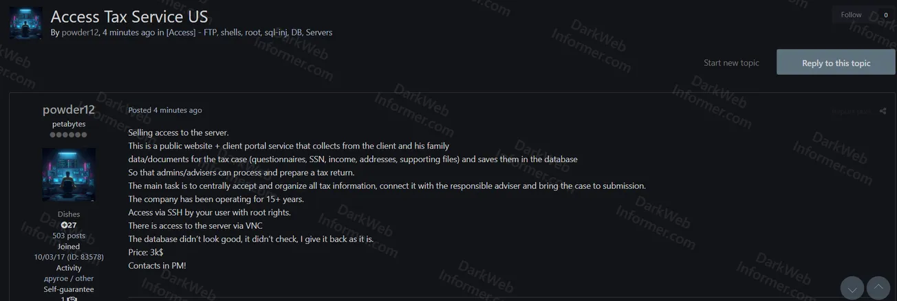 US Tax Service Portal Allegedly Compromised: Root SSH Access to Client Database Offered for Sale