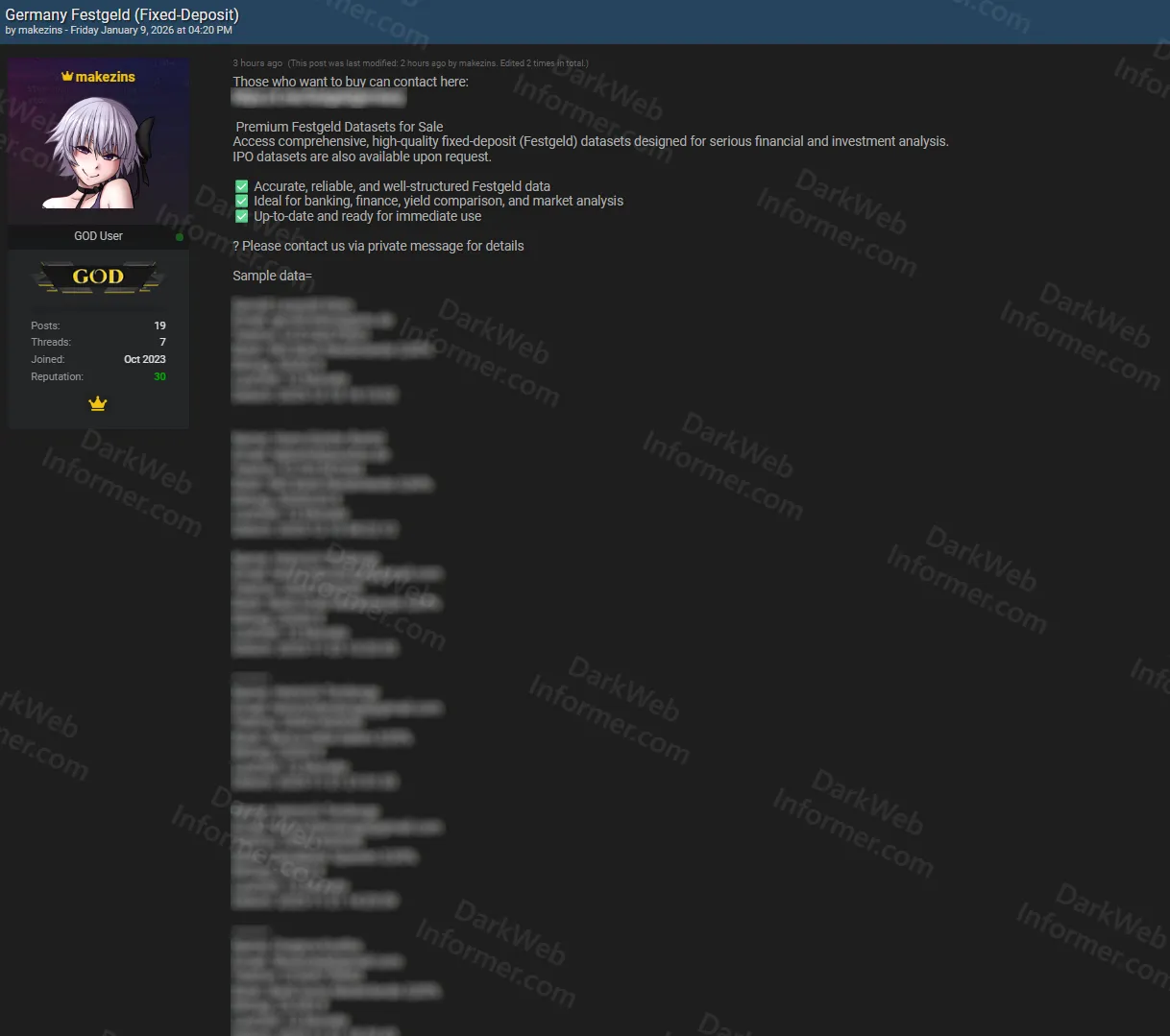 Threat actor selling German fixed-deposit (Festgeld) financial datasets