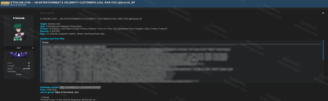 Alleged Data Breach of ET Online Entertainment Platform