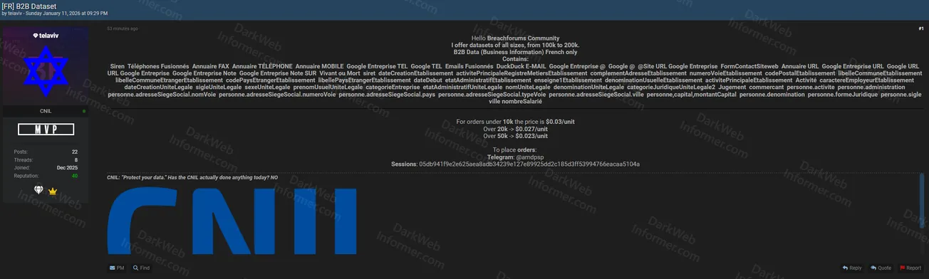 Alleged Sale of French B2B Business Dataset with 100K-200K Records