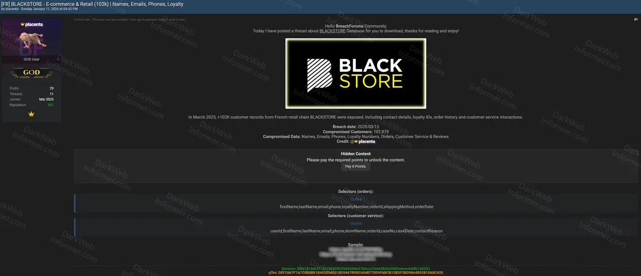 Alleged Data Breach of French Retail Chain BLACKSTORE Exposing 102K Customer Records