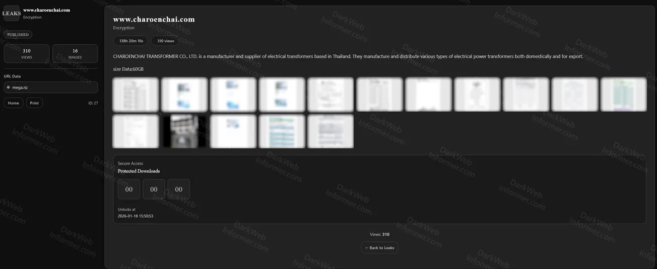 Thai Electrical Transformer Manufacturer Charoenchai Hit by TENGU Ransomware with 60GB Data Stolen