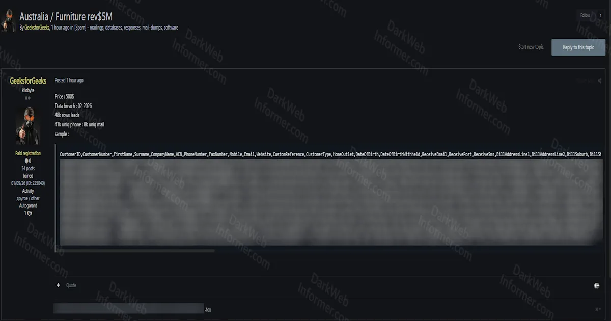Alleged Data Breach of 48,000 Customer Records From an Australian Furniture Company