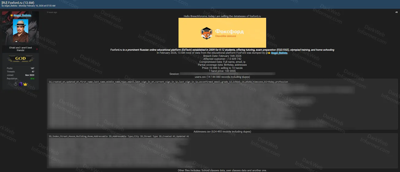 Threat Actor Claims Sale of 13.6 Million Records from Russian EdTech Platform Foxford