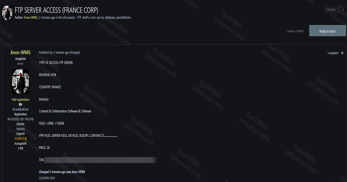 Threat Actor Offers FTP Server Access to Unidentified France-Based Software Corporation