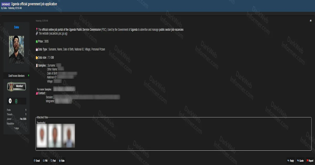 Alleged Sale of Uganda Public Service Commission Job Application Database Containing 7.5 GB of Applicant Records