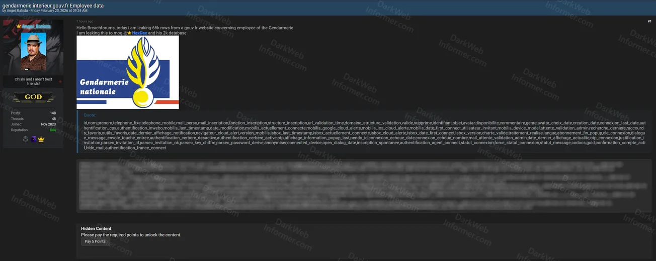 French Gendarmerie Nationale Employee Data Leaked with 65,000 Records