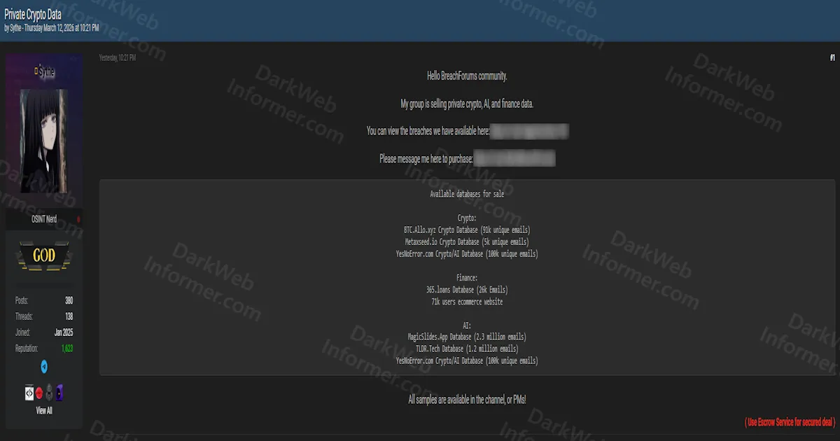 Threat Actor Selling Alleged Databases From Crypto, AI, and Finance Platforms Including MagicSlides, TLDR.Tech, and 365.loans