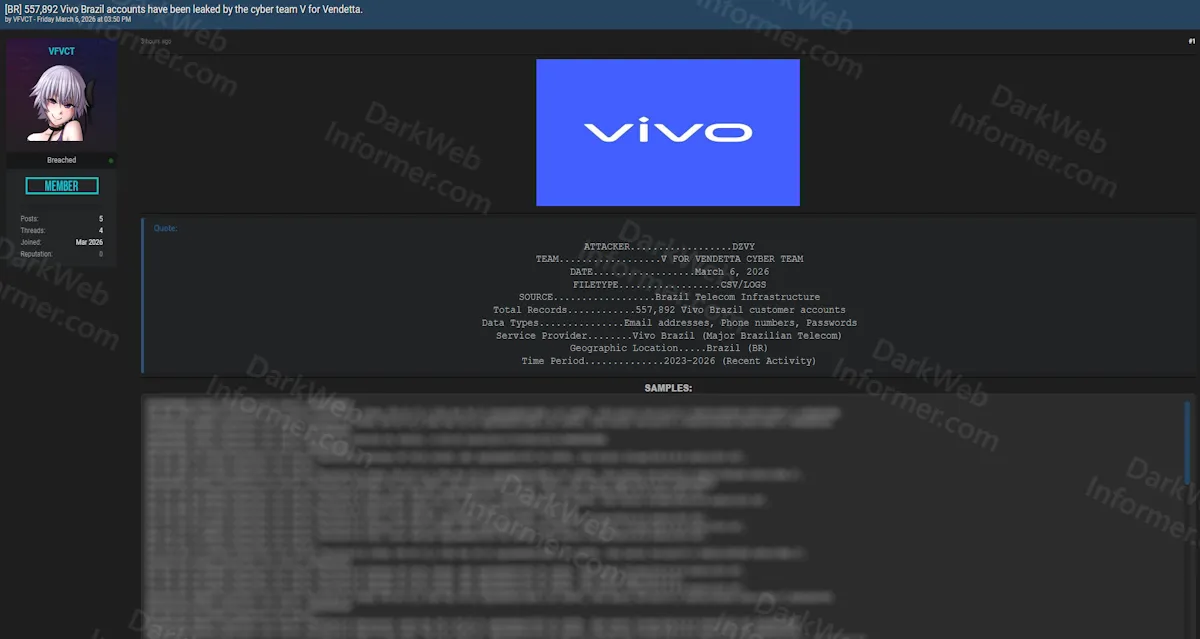 Alleged Leak of 557,892 Vivo Brazil Customer Accounts by V For Vendetta Cyber Team