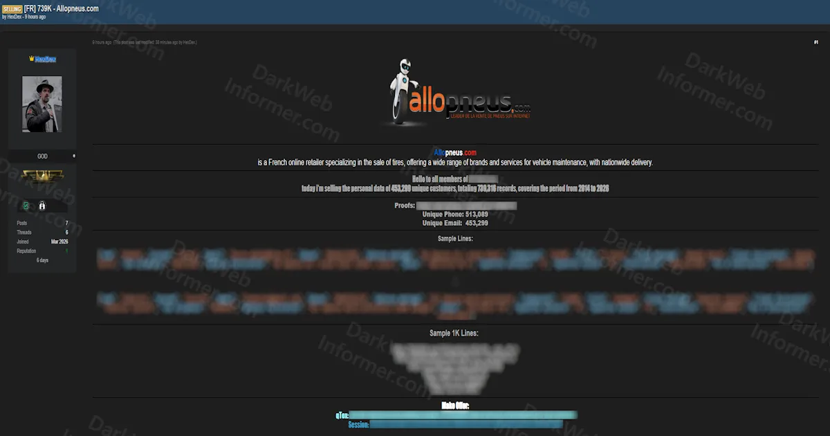 Alleged Breach of Allopneus Exposes 453K Customers and 739K Records From France's Leading Online Tire Retailer Spanning 2014 to 2026