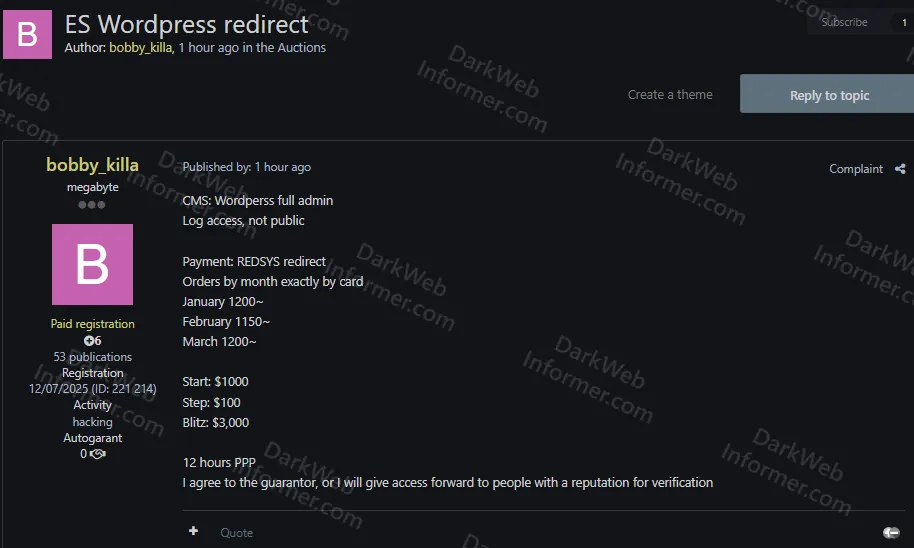 Threat Actor Auctioning WordPress Admin Access to Spanish E-Commerce Site With REDSYS Payment Gateway and ~1,200 Monthly Card Orders