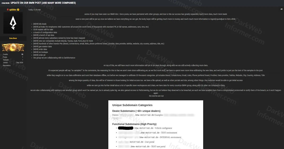 Threat Actors Claim Expanded BMW Breach With IDOR Exploit, Employee and Customer PII, and Data From Mazda, Toyota, Audi, Ford, and 32 Additional Automakers