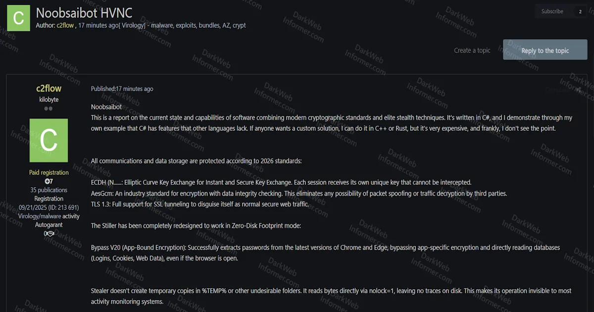 Noobsaibot HVNC Advertised as Next-Generation Stealer and RAT With Zero-Disk Footprint, Chrome V20 Bypass, Monolithic Architecture, and Guaranteed Zero AV Detections