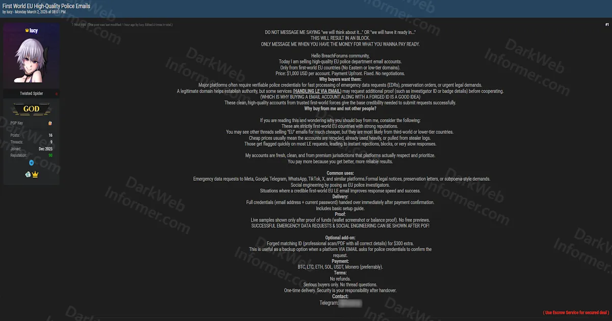 Threat Actor Selling Compromised EU Police Email Accounts for $1,000 Each to Enable Fraudulent Emergency Data Requests