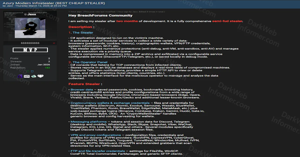Azury Infostealer Source Code Sold for $100 With Full Operator Panel, Crypto Wallet Theft, and Keylogging Capabilities