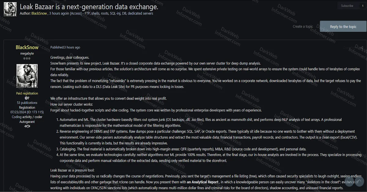 SnowTeam Launches Leak Bazaar, a Corporate Data Exchange With ML-Powered Dump Analysis, DBMS Reverse Engineering, and Ransomware Negotiation Support