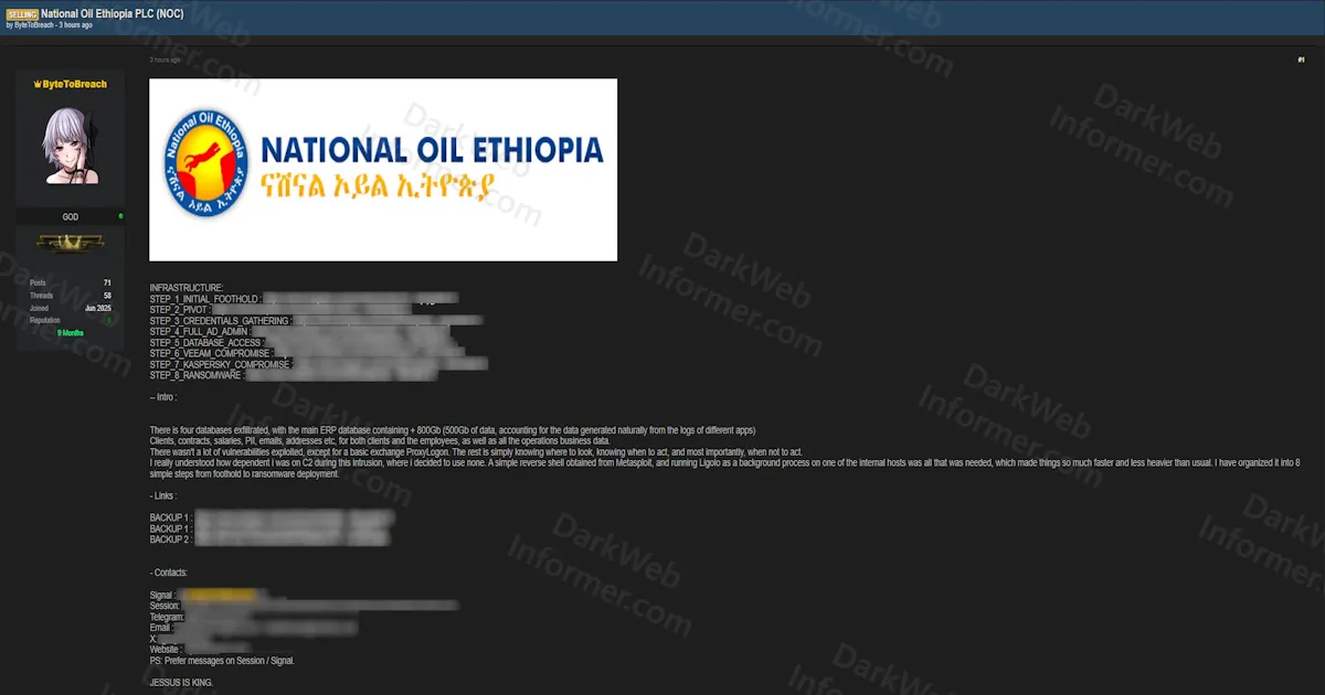 Alleged Full Infrastructure Compromise of National Oil Ethiopia With 800GB ERP Database Exfiltration, Veeam and Kaspersky Compromise, and Ransomware Deployment