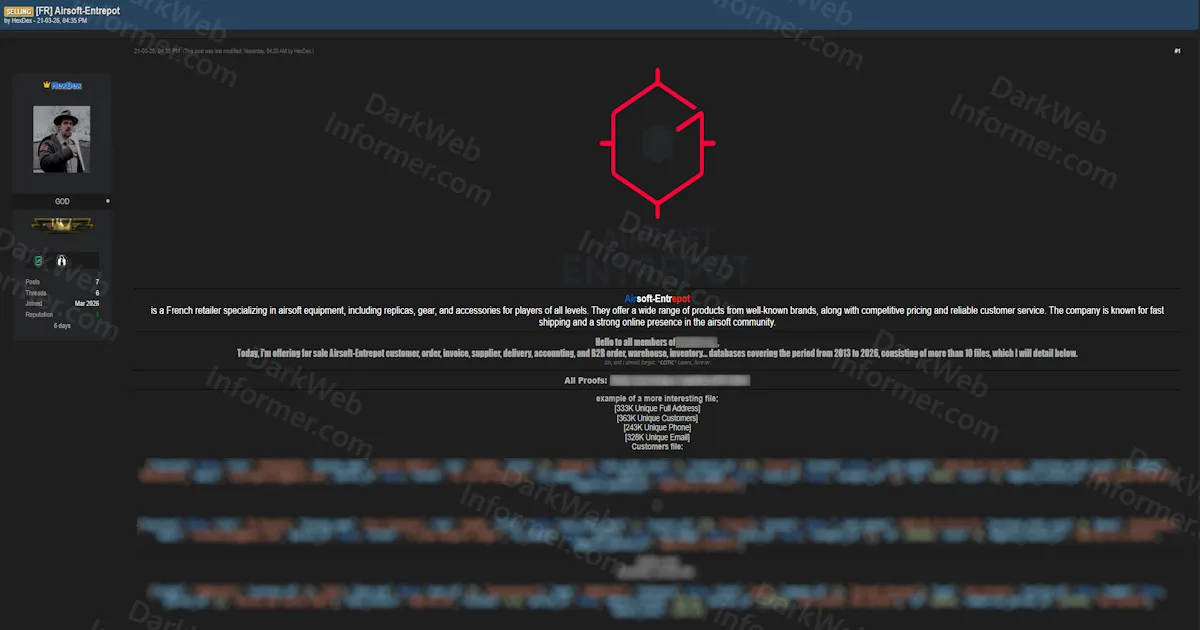 Alleged Breach of Airsoft-Entrepot Exposes 333K Customer Records, Orders, Invoices, and B2B Data From French Retailer Spanning 2013 to 2026