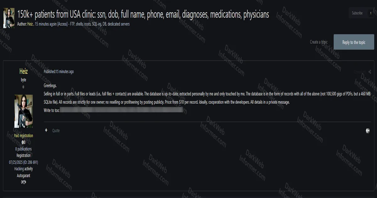 Alleged Sale of 150,000 Patient Records From US Clinic Including SSNs, Diagnoses, and Medications