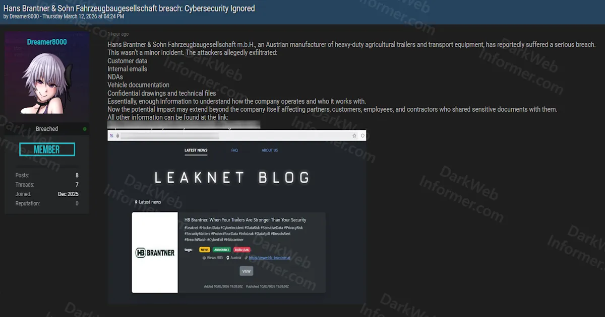 Alleged Breach of Austrian Trailer Manufacturer HB Brantner With Customer Data, NDAs, and Confidential Drawings Exfiltrated