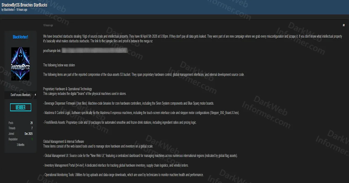 ShadowByt3s Claims Starbucks Breach With 10GB of Proprietary Source Code, Beverage Machine Firmware, and Global Management Tools From Compromised S3 Bucket