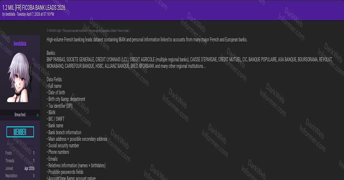 Threat Actor Selling 1.2 Million French FICOBA Banking Leads With IBANs, SSNs, and Tax IDs From 15+ Banks