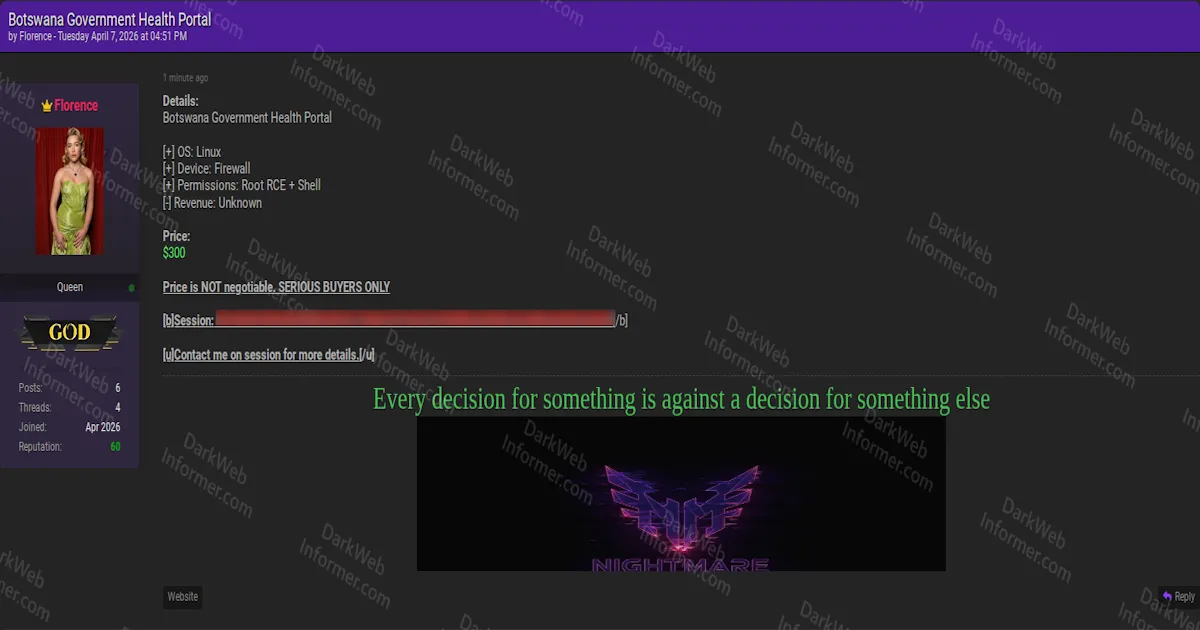 Threat Actor Selling Root RCE Shell Access to Botswana Government Health Portal Firewall for $300
