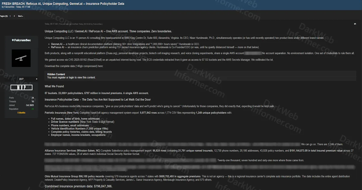 FulcrumSec Breaches Unique Computing, ReFocus AI, and Gennet AI Exposing 23,000 Insurance Policyholders, $797M in Premiums, Driver Licenses, SSNs, and Proprietary ML Models From a Single Unpatched AWS Account