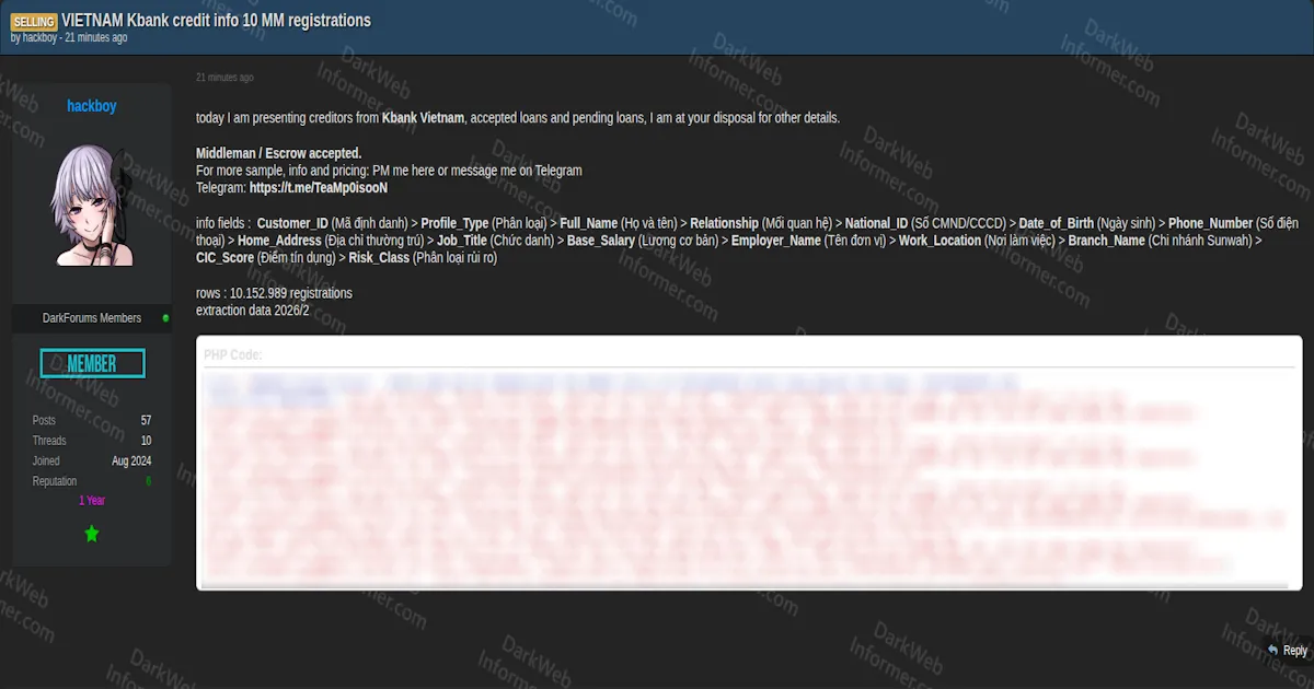 Alleged Breach of KBank Vietnam Exposes 10.1 Million Credit Registration Records With National IDs, Salaries, Credit Scores, and Employer Details