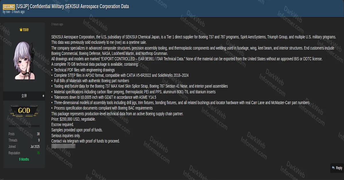 Threat Actor Selling 70GB of ITAR-Controlled SEKISUI Aerospace Technical Data Including Boeing 737/787 Tooling, STEP Files, and Military Program Schematics for $200,000