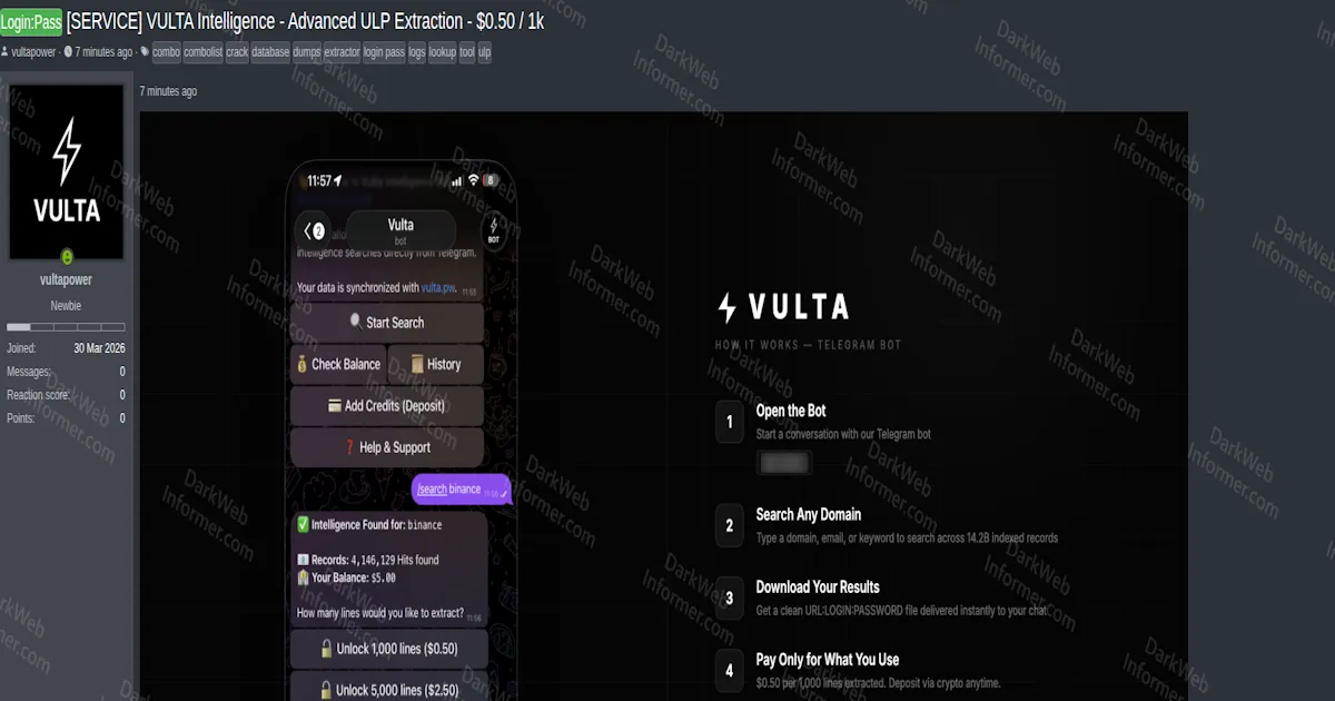 Vulta Intelligence Launches as Credential Lookup Service With 14.2 Billion Indexed Records, Telegram Bot, and Pay-Per-Query ULP Extraction